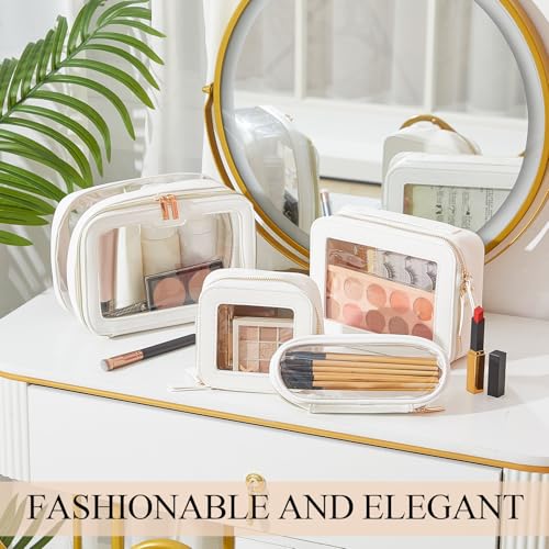 4 Pcs Leather Clear Makeup Bags Set for Women Travel Clear Cosmetic Case Toiletry Bags with Zipper Makeup Brush Case Waterproof Organizer Storage for Women Men Travel Accessories, 4 Sizes(White)