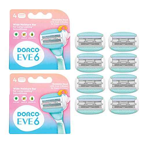 DORCO eve Pack of 6 Razors for Women for Extra Close Shaving, (No Handle, 8 Pcs Razor Blade Refills), Double 3 Curved Blades with Bend-in-the-middle Razor Head, Razors for Shaving