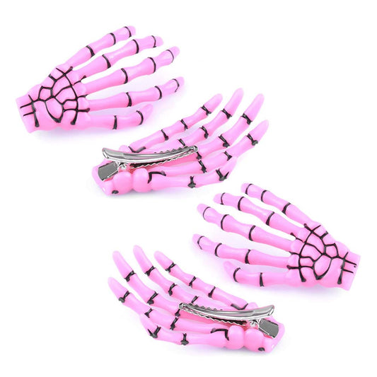 AKOAK 2 Pairs (4 Pcs) Halloween Hair Clip with Skeleton Hand Claw, Female Hair Styling Accessories for Girls (Pink)