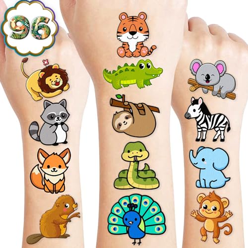 96 PCS Zoo Animal Temporary Tattoos for Kids (8 Sheets)