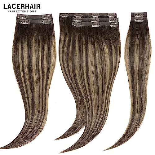 Lacer Hair Remy Hair Seamless Hair Extensions Clip in 18 Inch Balayage Chestnut Brown Mixed Dark Brown 110g 7pcs PU Clip in Hair Extensions Human Hair Thick with PU Weft for Women R#2-2/6