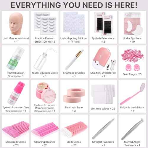 Lash Extension kit for Beginners, Eyelash Extension Kit with Mannequin Head, Lash Starter Kit with Everything Eyelash Glue USB Fan Cosmetology Esthetician Supplies for Practice Training