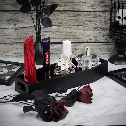 Gothic Coffin Storage Box Set 3 Pack - Spooky Dark Aesthetic Vanity Organizer, Wooden Makeup Jewelry Kit with Tray, Lipstick Holder & Jewelry Box