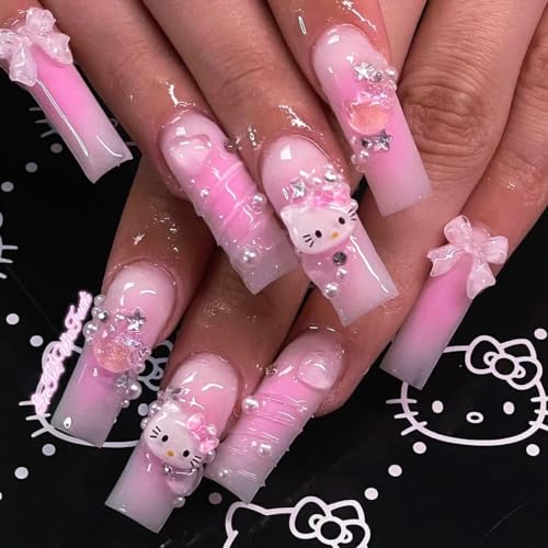 Nail Apparel Y2K Long Coffin Cute Kawaii Press on Nails 3D Glitter Rhinestone Heart Pearl Bow Long Ballet Trapezoid Fake Nails 24Pcs (Extra Long Point Cherry Red White French Pink Heart 3D Bow Pearl)