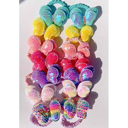 Lemeilleur 14 Pcs Sequined Butterfly Hair Ties Bow Hair Ties Elastic Rubber Bands Hair Scrunchies for Toddlers Girls Rainbow Sequin Sparkle Ponytail Holders Hair Accessories