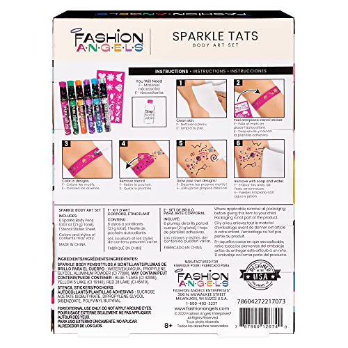Fashion Angels Sparkle Tats Body Art Set - Temporary Tattoo Pens, Washable & Shimmery Tattoo Body Ink, 6 Tattoo Body Markers Set with Stencil Stickers for Kids 8+, Multi (12674)