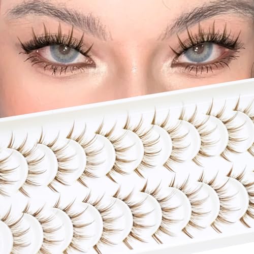 10 Pairs Brown False Lashes with Clear Band - Wispy Natural Look