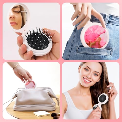 Mengduxd Mini Hairbrush, Collapsible Pocket Hairbrush with Mirror, Portable Hairbrush, Women Travel Small Hairbrush.Blue Chamomile