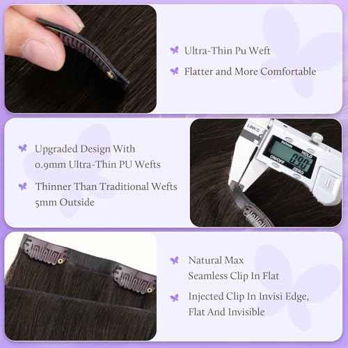 DOORES Genius Clip in Human Hair Extensions, Dark Brown 20 Inch 7pcs 120g, Invisi Edge Straight Hair Extensions with Skin Weft for Women