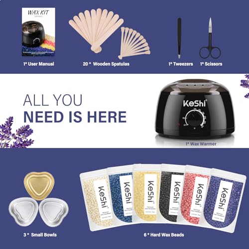 KeShi Waxing Kit, Painless Hair Removal Wax Warmer with 6 Bags Hard Wax Beans for Full Body, Legs, Face, Eyebrows & Bikini? Ideal for Both Women & Men