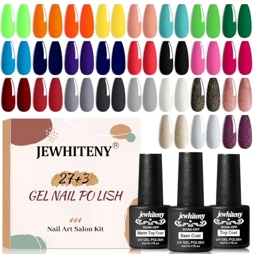 JEWHITENY 30-Piece Gel Nail Polish Kit with 27 Colors, Base & Top Coats