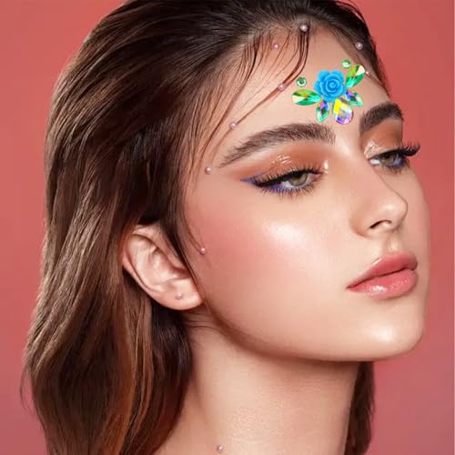 12Pcs Face Gems Stickers, Face Jewels with Diamond, Rhinestones Pearl Spring Flowers Forehead Sticker for Women Girls Decoration Festival Party Self-Adhesive DIY Body Art Decals