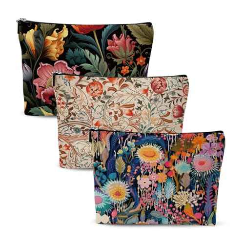 3pcs Colorful Flower Makeup Bag, Abstract Botanical Flower Cosmetic Bag, Christmas Wedding Anniversary Birthday Friendship Gifts for Women Girls Best Friends Sister Bestie Grandma Travel Toiletry Bag