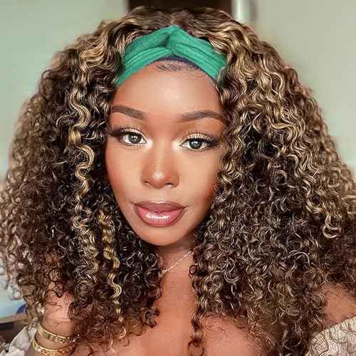 AISI QUEENS Headband Wigs for Black Women - Highlight Glueless Curly Human Hair Wig (14 Inch, P4/27 Color)