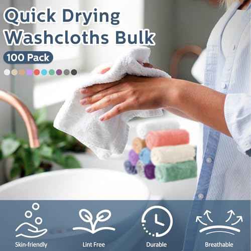 Newwiee 100 Pcs Washcloths Bulk Quick Drying Bathroom Wash Clothes 12 x 12 Inch Face Towels Microfiber Soft Hand Towel for Your Body Spa Fingertip(Multicolor)