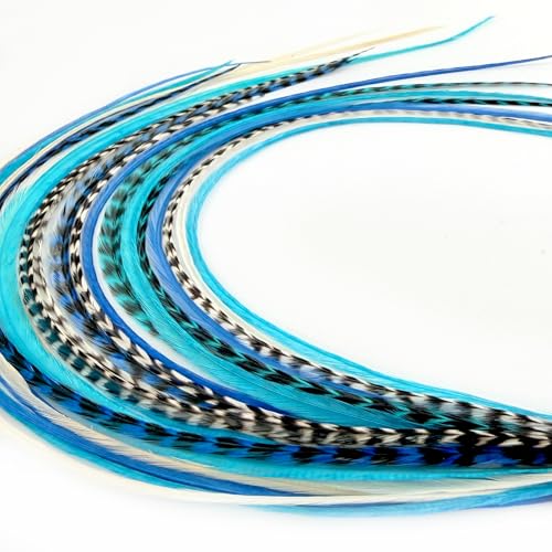 21 Blue Real Feather Hair Extensions – 9-14" DIY Kit