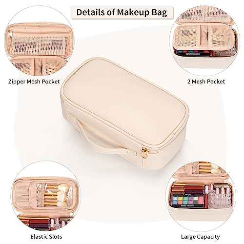 OCHEAL Small Makeup Bag,Portable Cute Makeup Pouch Travel Bag for Women and Girls with Makeup Brush Compartment Organizer cosmetics Bags-Beige