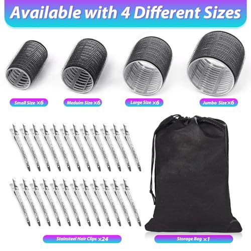 Self-Grip Hair Rollers Set with Clips - 24 Heatless Curlers & Storage Bag