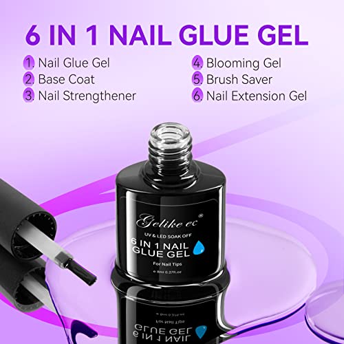 Gelike EC Gel X Nail Kit - 6 in 1 Milky White UV Gel Glue 16ml, No Wipe Top Coat Gel 8ml, 528PCS Short Square Nail Tips and UV Lamp…