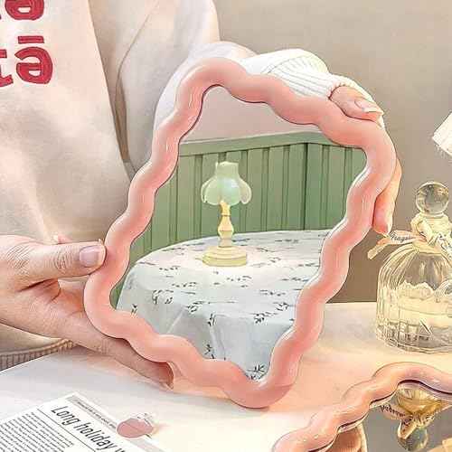 Wave Shaped Table Desk Vanity Makeup Mirror Portable Folding Cute Travel Make Up Mirror for Standing Hanging 6.7X5.3 Inch Home Decoration (Pink)