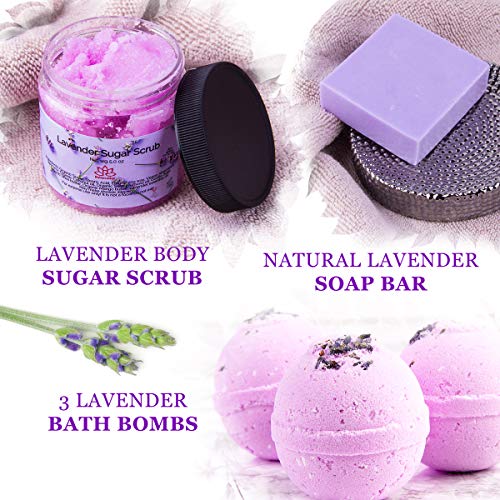 Gift Basket for Women Organic Lavender Gift Set, Bath and Body at Home, Spa Kit, Soy Wax Candle, Natural Oil Bath Salt, 3 Bath Bombs, Soap Bar, Body Sugar Scrub, for Mom, Girls - Made in USA