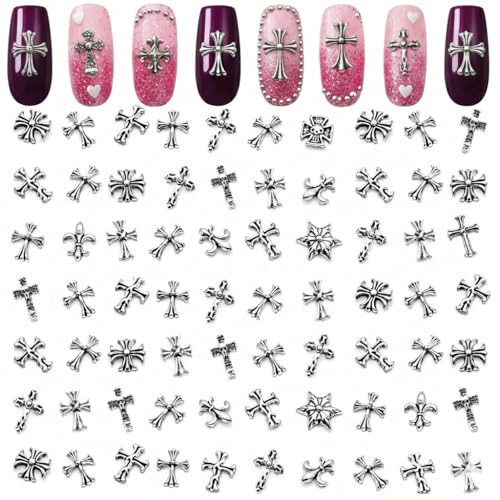 120 Pcs Silver Cross Nail Charms for Press-On & Gel Nails - 3D Gothic Designs