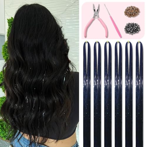 Black Hair Tinsel Kit 48 Inches with Tools & Instructions - Sparkling Hair Extensions for Women & Girls