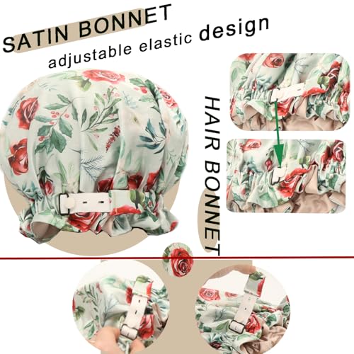 Satin bonnet for women 2PCS silk hair bonnet cap reversible for sleeping Adjustable Night sleep cap for curly natural hair double-layer and Washable (White Green flower)