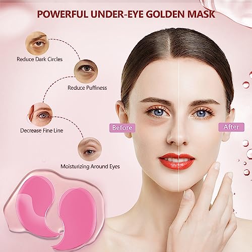 Yargkos 60 Pcs 24K Gold Under Eye Patches with 5 Pieces Travel 24K Golden Eye Mask, 30 Pairs Women Undereye Mask for Dark Circles Puffy Eyes Treatment, Men Gel Pads Hydrating for Puffiness Wrinkle