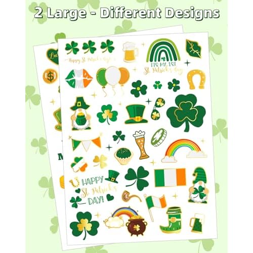 32 Sheets 100+ PCS Glitter St. Patrick's Day Shamrock Temporary Tattoos with Gold Foil Highlights, St. Patrick's Day Accessories, Party Favors, All Ages