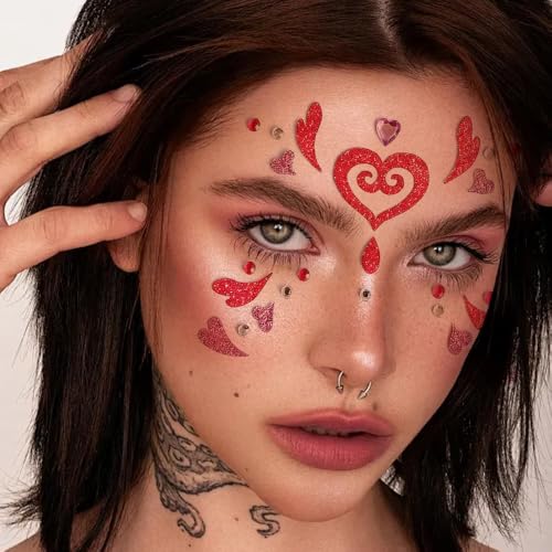 3PCS Valentine's Day Face Heart Gems Stickers for Women Girls Eyes Body Face Glitter Rhinstone Temporary Tattoos Red Love Self Adhesive Stick for Makeup Holiday Party Supplies