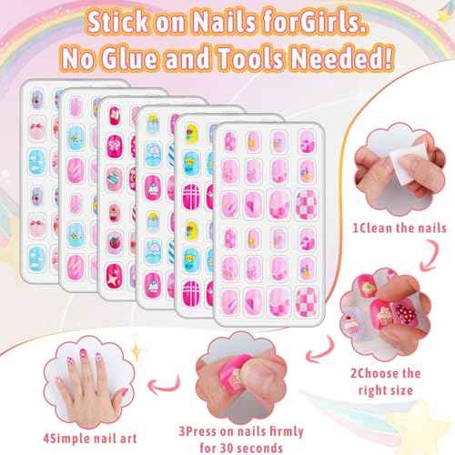 144 Pcs Kids Fake Nails Set, Thrilez 6 Pack Press on Nail Pre-glue Artificial False Acrylic Nails Set for Little Girl Children Toddlers