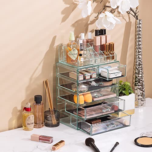 Sorbus Acrylic Makeup Organizer Set, 6-Drawer Vanity & Countertop Cosmetic Storage with Small & Wide Compartments, Teal Thrill Makeup Storage for Brushes, Jewelry ? Holiday Gift for Women & Teens