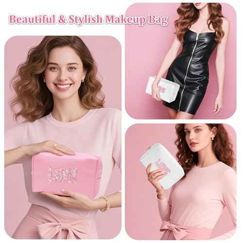 Bling Love Rhinestone Makeup Bag For Teen Girl Kids Women Bride Bridesmaids,Trendy Travel Cosmetic Bag For Mothers Teachers Birthday Engagement Wedding Gifts,Sparkly Leather Toiletry Bag (Purple LOVE)