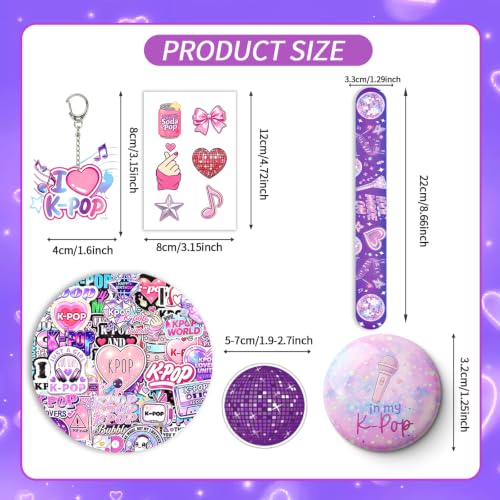 ANONDF 240Pcs Kpop Party Favors: Tattoos, Stickers, Slap Bracelets, Badges, Keychains & Pins (Colorful)