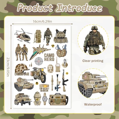 Army Temporary Tattoos - 8 Sheets Military Tattoo Stickers, Soldiers Aircraft Tanks Helicopter Army Birthday Party Prizes Rewards Gifts Party Favors