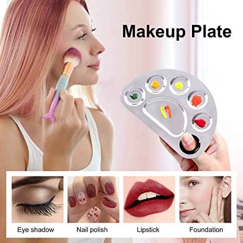 Stainless Steel Metal Makeup Palette with Spatula Artist Tool for Mixing Foundation Nail-Art, Cosmetic Makeup Palette, Makeup Plate, 6¡¿4"/Silver/2pcs