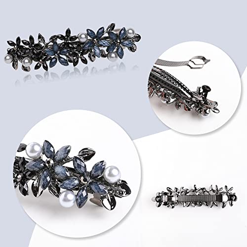 Flower Rhinestone Hair Barrettes for Women Fine Hair Glitter Sparkle Fancy Hair Clips for Women And Girls Elegant Pearl Barrettes (Black&Blue)