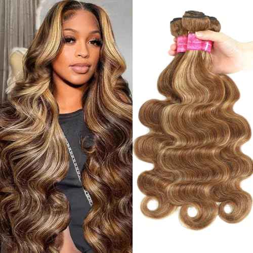 Beautymoon Brown Highlight Body Wave Bundles Ombre Human Hair 3 Bundles 22 24 26 Inch 100% Unprocessed Brazilian Virgin Hair Honey Blonde Bundle Human Hair Body Wave Hair Extensions for Black Women