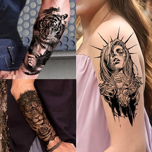 EGMBGM 20 Sheets Black Tribal Wolf Tiger Lion Temporary Tattoo Sleeve For Men Adults, 3D Halloween Prison Gothic Maori Sleeve Tattoos For Women, Fake Full Arm Sleeve Tattoo Stickers Skull Skeleton