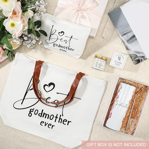 Domensi 4 Pack Godmother Proposal Gifts Set Mother Day Included 20oz Stainless Steel Tumbler Cup with Straw and Lid Best Godmother Ever Gift Tote Bag Makeup Bag Scented Candle Mom Gifts(Pink)