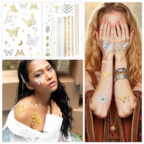 Konsait 9-Sheet Metallic Temporary Tattoos - Gold & Silver Designs