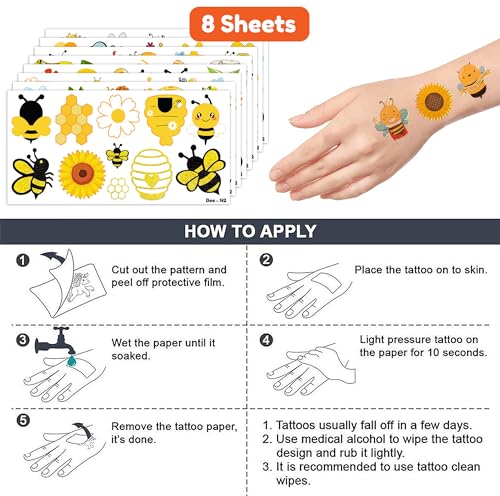 96 Pcs Cute Bee Temporary Tattoos for Kids - Waterproof