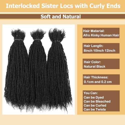 8-12 Inch Sister locs Human Hair Handmade Interlock Locs Curly Tips Sister Locs Real Human Hair Microlocs Extensions Permanent Dreadlock Extensions Natural Soft Looking (0.2cm,12 Inch-20 Strands)