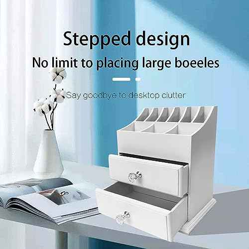 White Wood Cosmetics Organizer Makeup & Beauty Accessories Storage Rack with Drawers for Neat & Organize Storing of Makeup Tools Small Accessories at Home & Office Vanities & Bathroom Counter-top