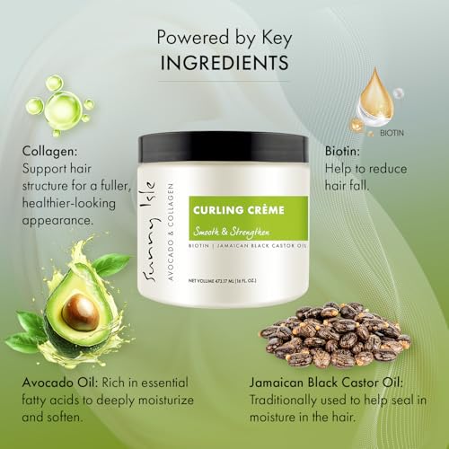 Sunny Isle Avocado & Collagen Curl Cream - Biotin, Jamaican Black Castor Oil, Lightweight - 16 oz