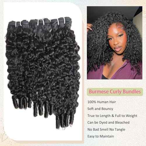 Burmese Curly Bundles Human Hair Water Wave Human Hair 100% Unprocessed Brazilian Virgin Remy Hair Bundles Quick Weave for Women Natural Black (Burmese Curly Natural Black, 20 22 24 Inch)