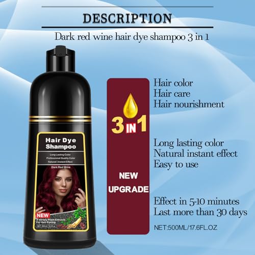 Dark Wine Red Hair Dye Shampoo 3 in 1 for Gray Hair
