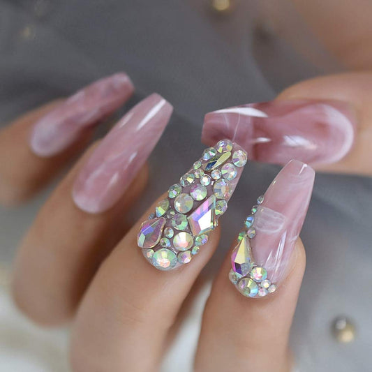 CoolNail Bling Jewelry Ballerina Coffin Press on False Fake Nails 3D Marble Pink Glossy Extra Long Salon Party Wear Full Cover Nail Tips