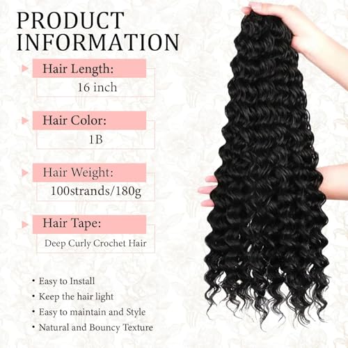 Fugool 100 Strands Feather Crochet Hair Synthetic 16 Inch Deep Wave Black for Black Women